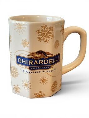 Ghirardelli Chocolate Octagon Snowflake Mug Houston Harvest White Gold Blue